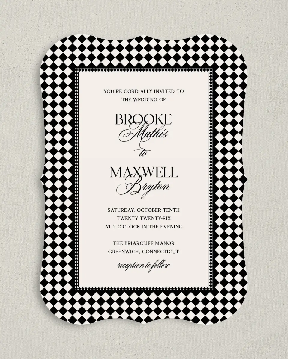 This is a 5" x 7" Bracket Wedding Invitation called Greenwich printed in full color on Premium Smooth paper