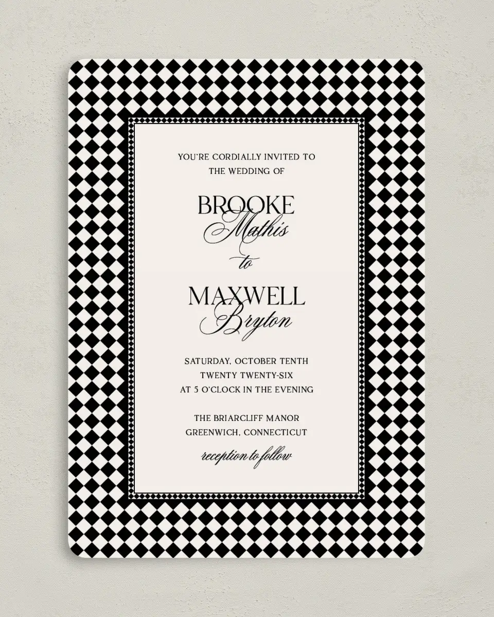 This is a 5" x 7" Rounded Wedding Invitation called Greenwich printed in full color on Premium Smooth paper