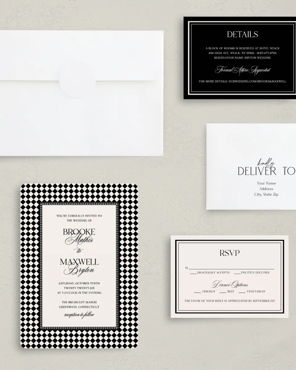 This is a 5" x 7" Rounded Wedding Invitation called Greenwich printed in full color with Silver foil on Luxe Satin (coated) paper