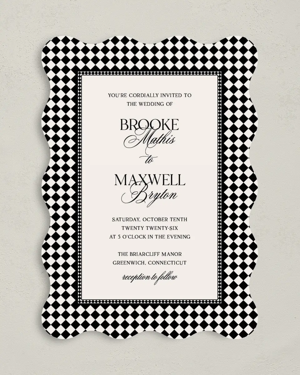 This is a 5" x 7" Wavy Wedding Invitation called Greenwich printed in full color on Premium Smooth paper