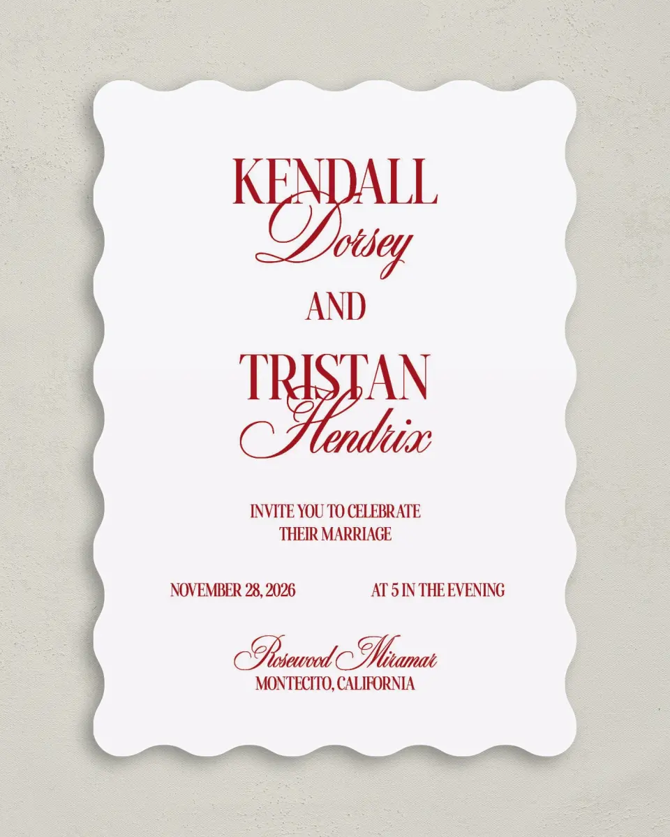 This is a 5" x 7" Wavy Wedding Invitation called Montecito printed in full color on Premium Smooth paper