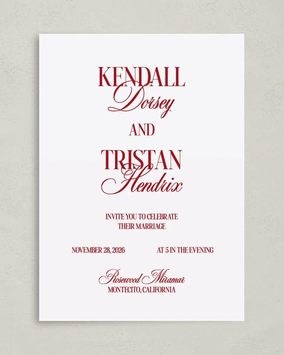 This is a 5" x 7" Classic Wedding Invitation called Montecito printed in full color on Premium Smooth paper