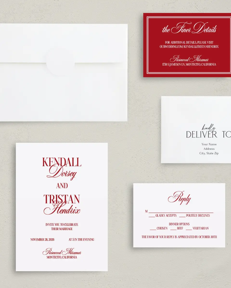This is a 5" x 7" Classic Wedding Invitation called Montecito printed in full color with Silver foil on Luxe Satin (coated) paper