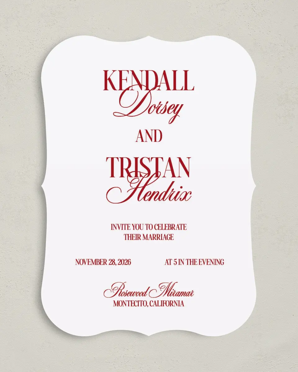 This is a 5" x 7" Bracket Wedding Invitation called Montecito printed in full color on Premium Smooth paper