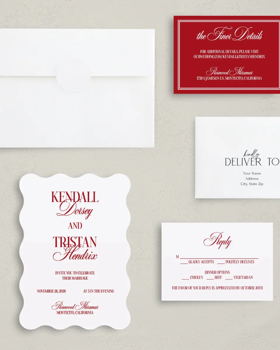This is a 5" x 7" Wavy Wedding Invitation called Montecito printed in full color with Silver foil on Luxe Satin (coated) paper