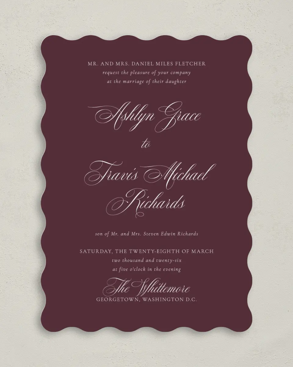 This is a 5" x 7" Wavy Wedding Invitation called Georgetown printed in full color on Premium Smooth paper