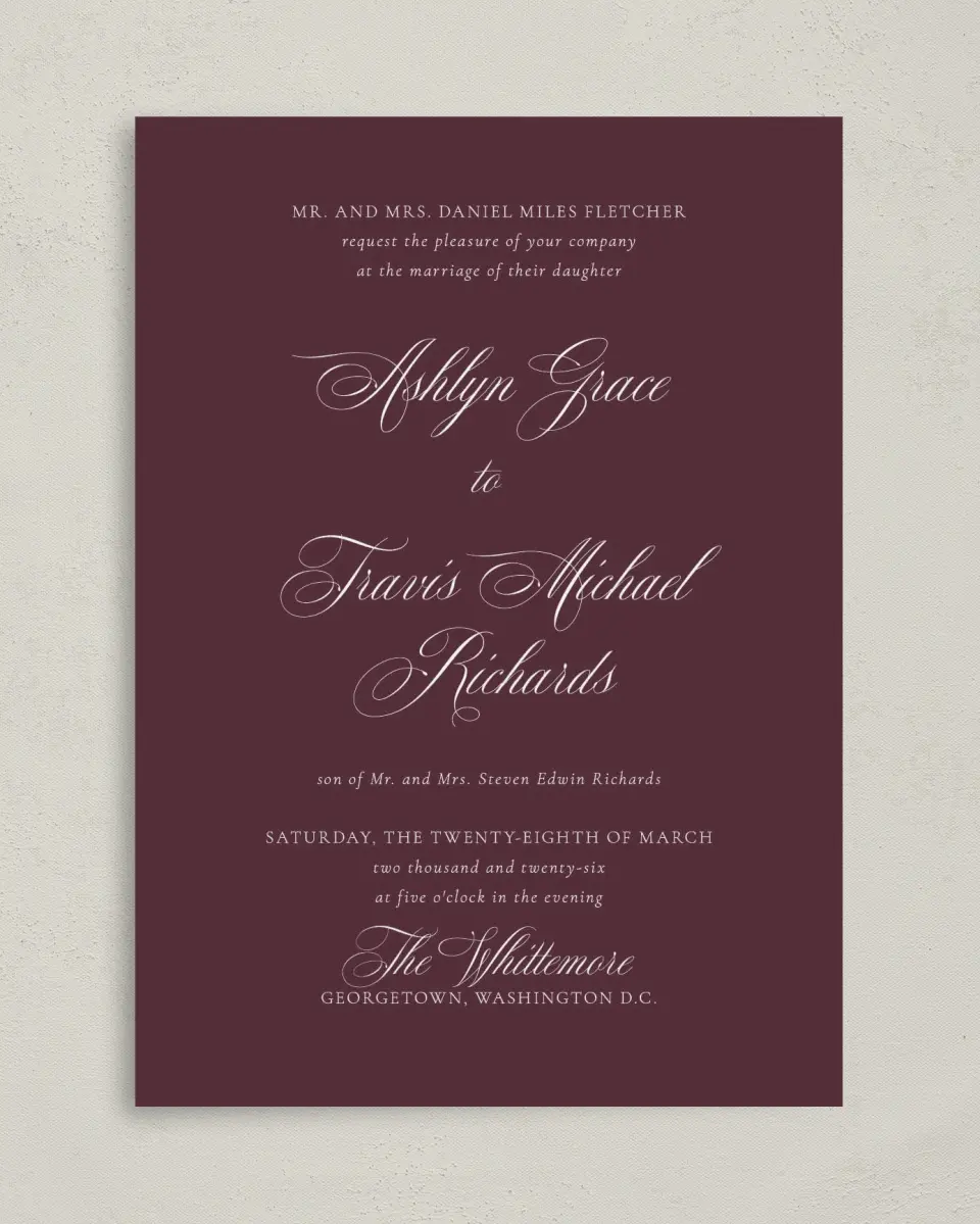 This is a 5" x 7" Classic Wedding Invitation called Georgetown printed in full color on Premium Smooth paper