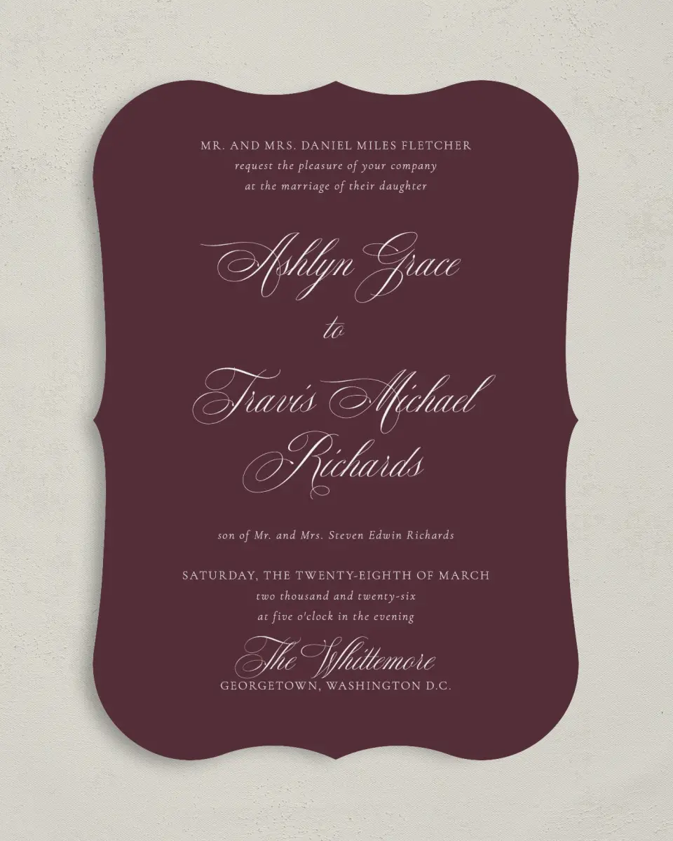 This is a 5" x 7" Bracket Wedding Invitation called Georgetown printed in full color on Premium Smooth paper