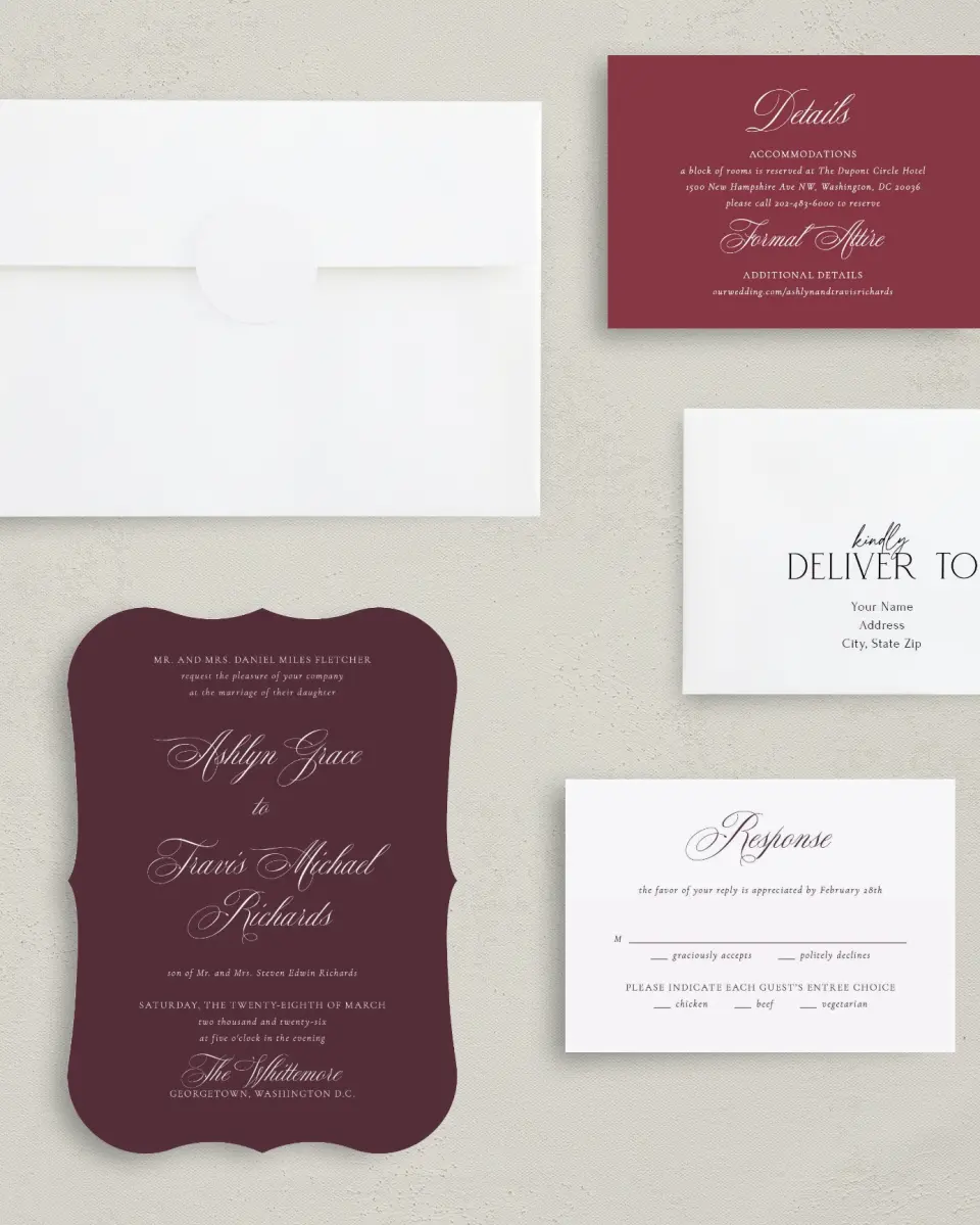 This is a 5" x 7" Bracket Wedding Invitation called Georgetown printed in full color with Silver foil on Luxe Satin (coated) paper