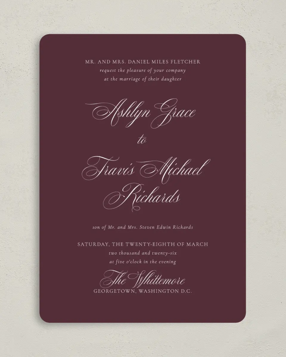 This is a 5" x 7" Rounded Wedding Invitation called Georgetown printed in full color on Premium Smooth paper