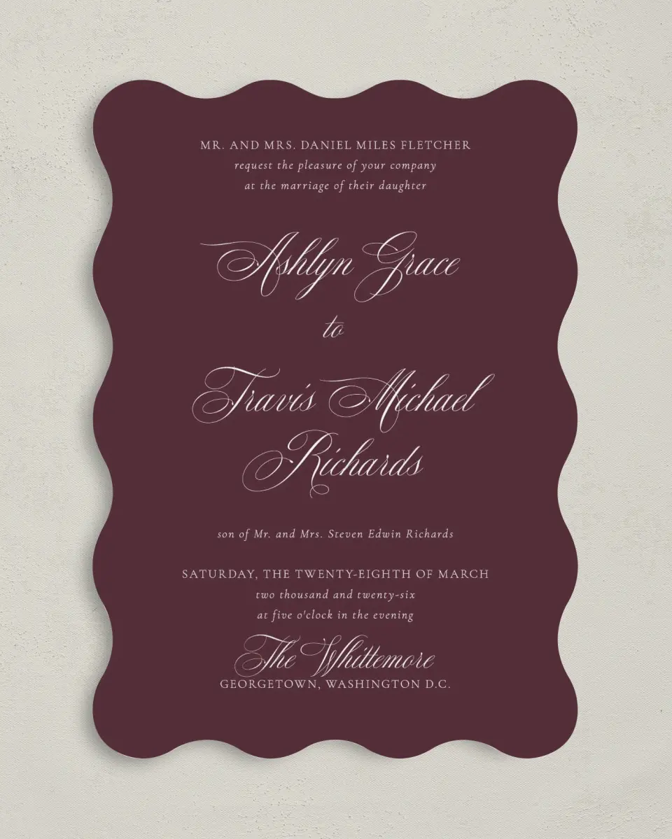 This is a 5" x 7" Wavy Wedding Invitation called Georgetown printed in full color on Premium Smooth paper