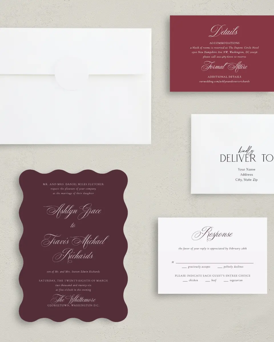 This is a 5" x 7" Wavy Wedding Invitation called Georgetown printed in full color with Silver foil on Luxe Satin (coated) paper