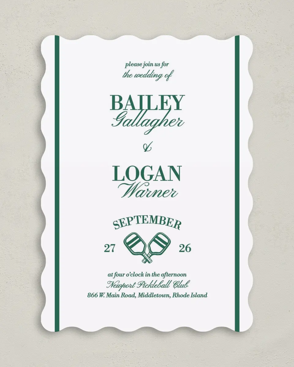 This is a 5" x 7" Wavy Wedding Invitation called Serving Up Forever printed in full color on Premium Smooth paper