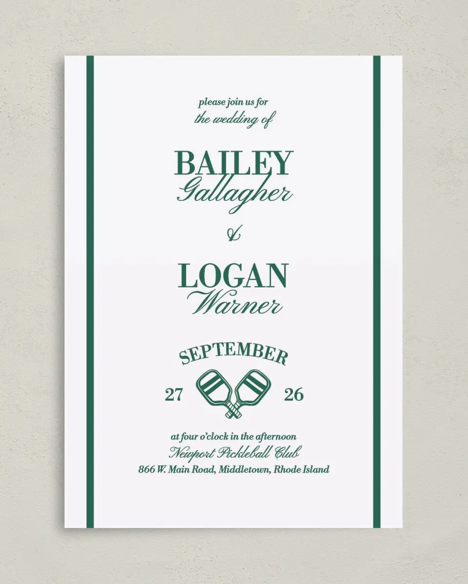 This is a 5" x 7" Classic Wedding Invitation called Serving Up Forever printed in full color with Rose Gold foil on Luxe Satin (coated) paper