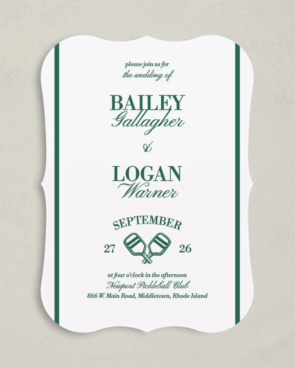 This is a 5" x 7" Bracket Wedding Invitation called Serving Up Forever printed in full color on Premium Smooth paper