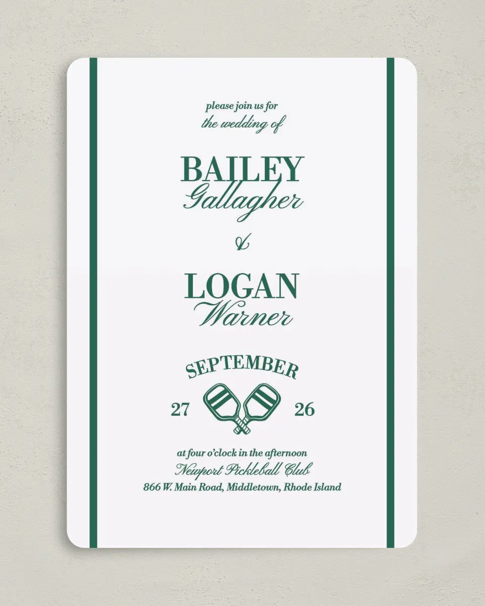 This is a 5" x 7" Rounded Wedding Invitation called Serving Up Forever printed in full color on Premium Smooth paper