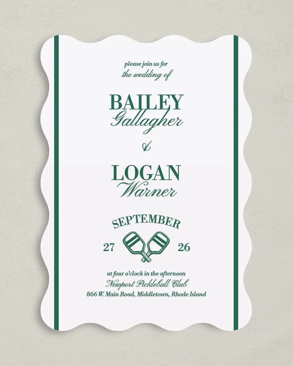 This is a 5" x 7" Wavy Wedding Invitation called Serving Up Forever printed in full color on Premium Smooth paper