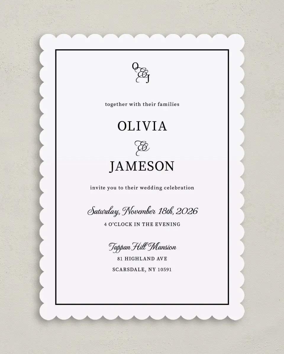This is a 5" x 7" Classic Wedding Invitation called Scarsdale printed in full color on Premium Smooth paper