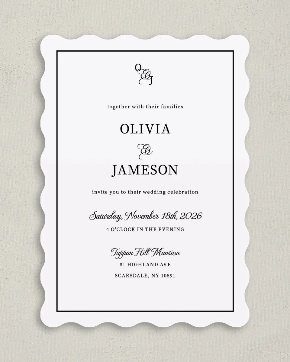 This is a 5" x 7" Wavy Wedding Invitation called Scarsdale printed in full color on Premium Smooth paper