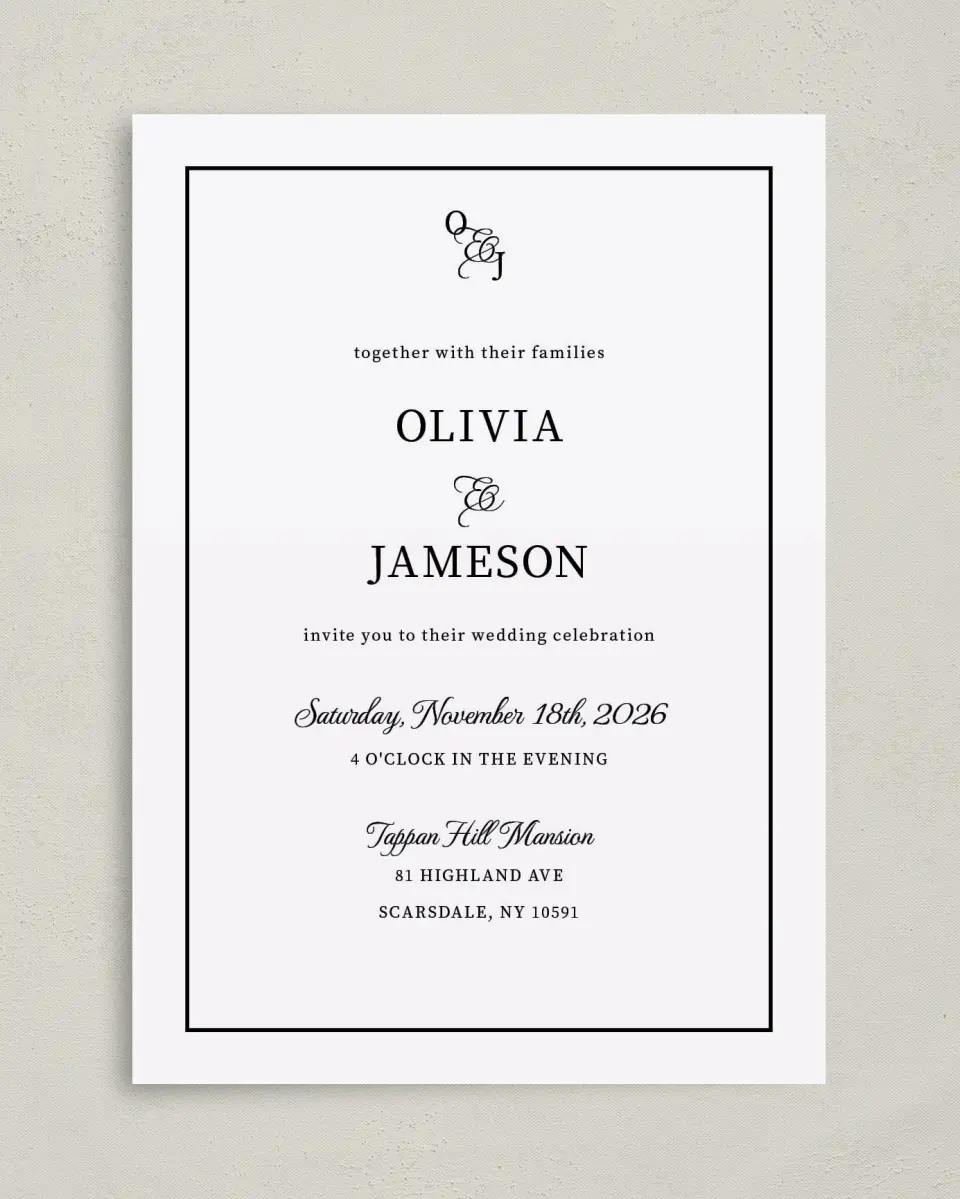 This is a 5" x 7" Classic Wedding Invitation called Scarsdale printed in full color on Premium Smooth paper