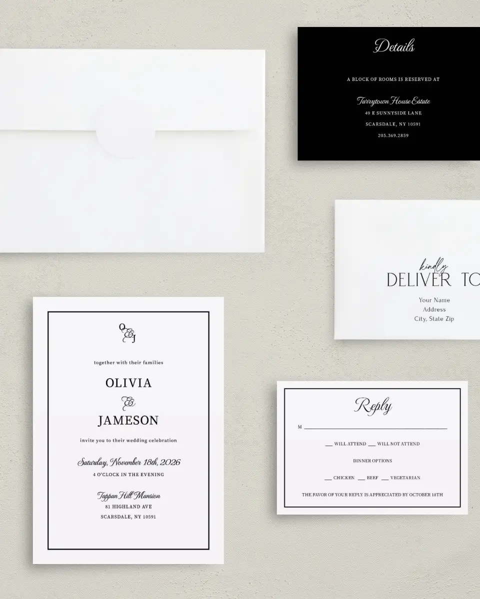 This is a 5" x 7" Classic Wedding Invitation called Scarsdale printed in full color with Gold foil on Luxe Satin (coated) paper