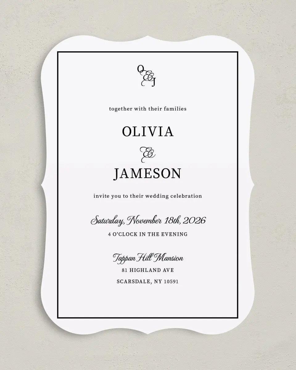 This is a 5" x 7" Bracket Wedding Invitation called Scarsdale printed in full color on Premium Smooth paper