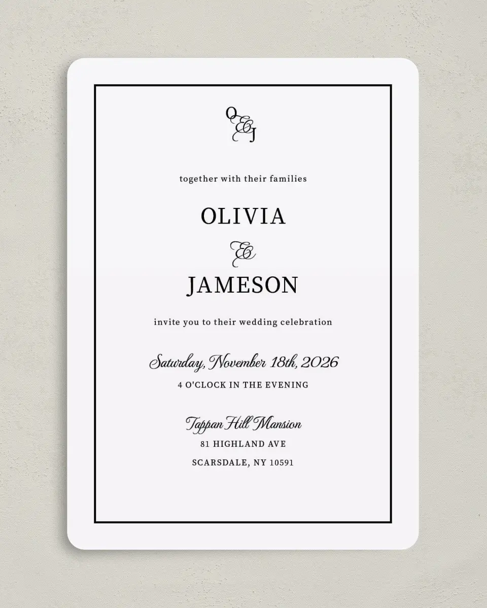 This is a 5" x 7" Rounded Wedding Invitation called Scarsdale printed in full color on Premium Smooth paper