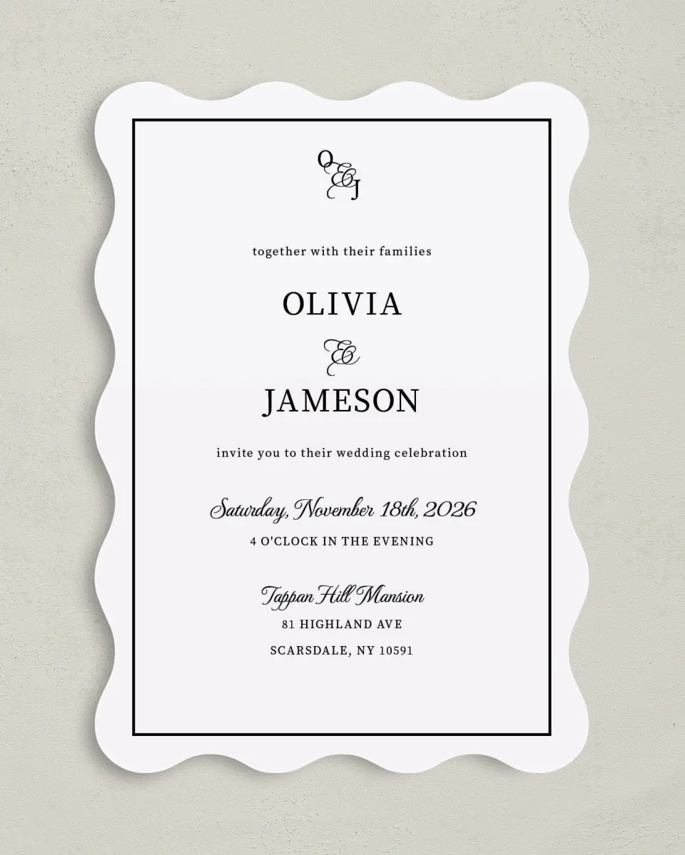 This is a 5" x 7" Wavy Wedding Invitation called Scarsdale printed in full color with Gold foil on Luxe Satin (coated) paper
