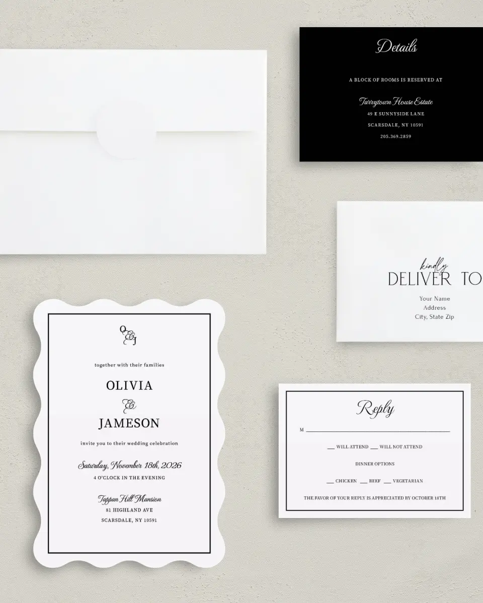 This is a 5" x 7" Wavy Wedding Invitation called Scarsdale printed in full color with Gold foil on Luxe Satin (coated) paper