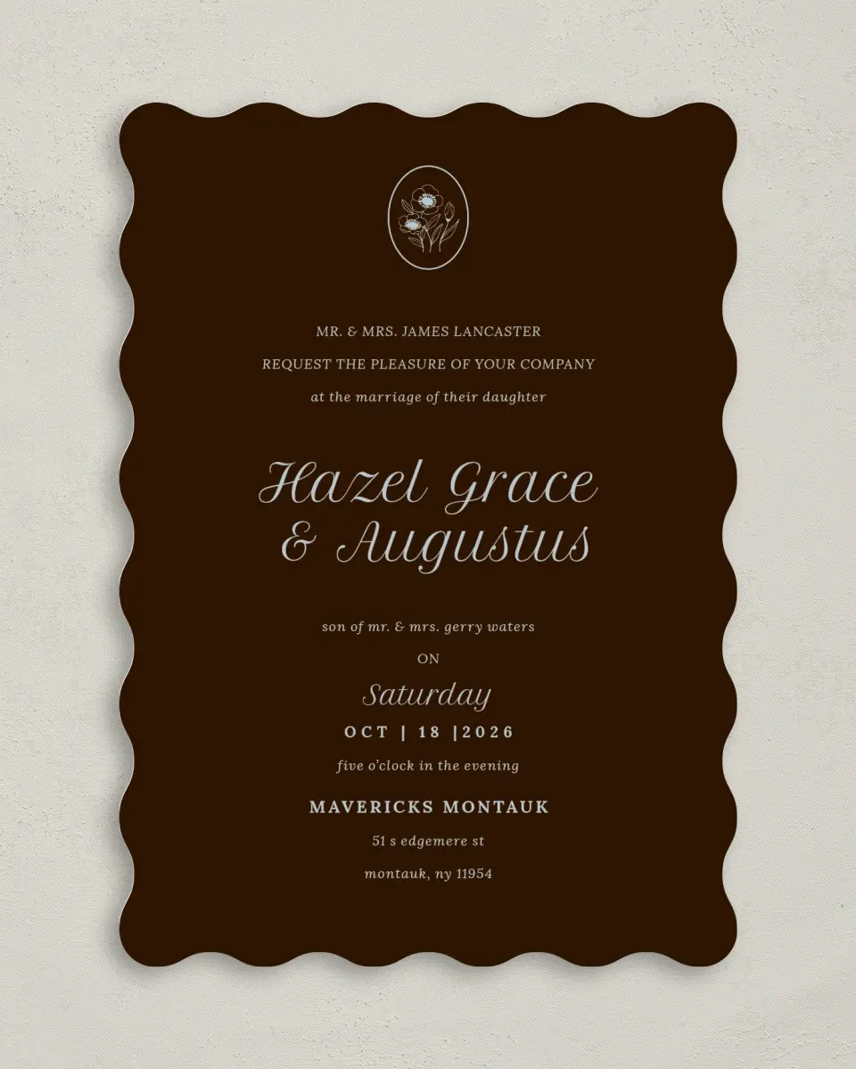This is a 5" x 7" Wavy Wedding Invitation called Montauk printed in full color on Premium Smooth paper