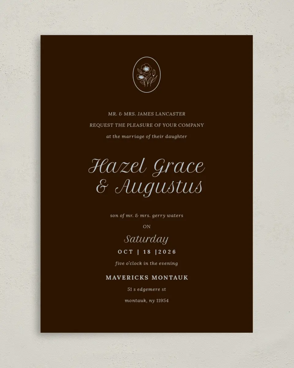 This is a 5" x 7" Classic Wedding Invitation called Montauk printed in full color on Premium Smooth paper
