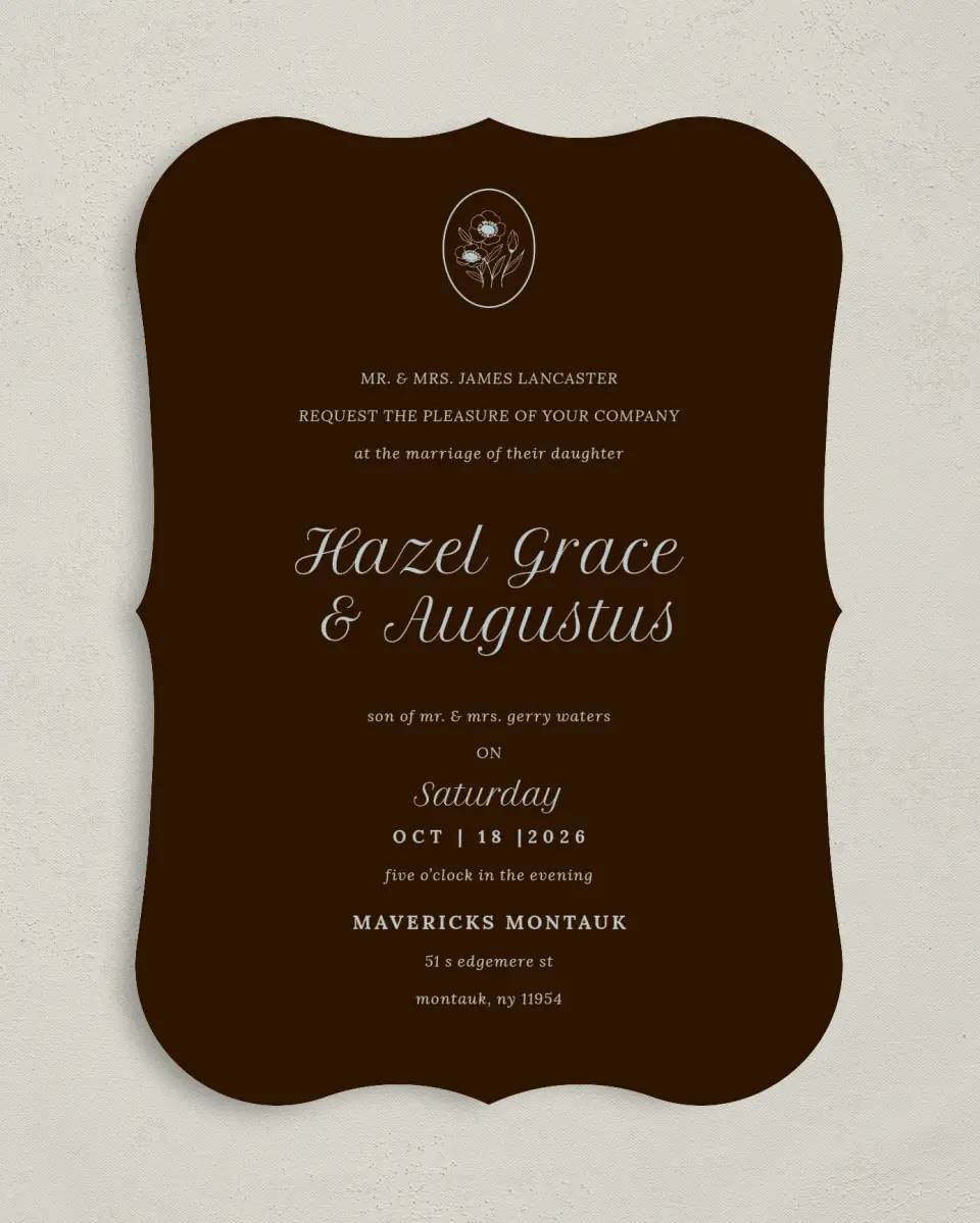 This is a 5" x 7" Bracket Wedding Invitation called Montauk printed in full color on Premium Smooth paper