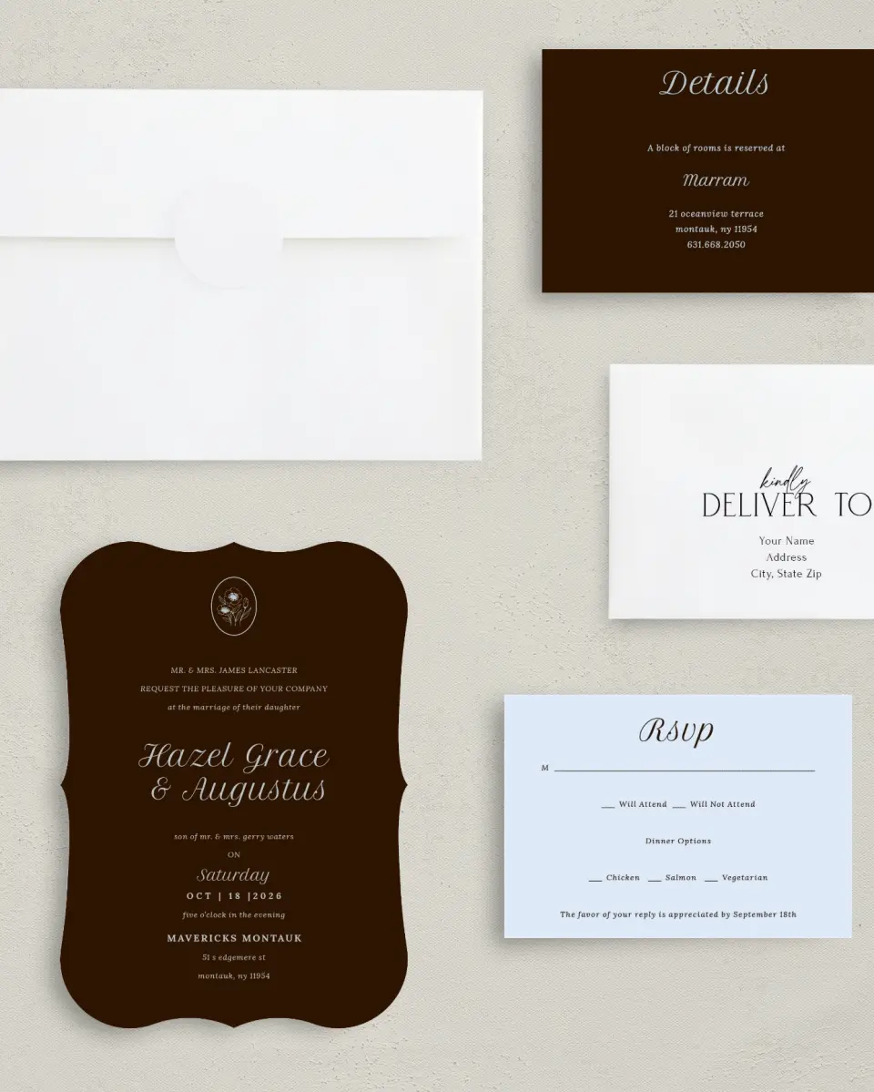 This is a 5" x 7" Bracket Wedding Invitation called Montauk printed in full color with Silver foil on Luxe Satin (coated) paper