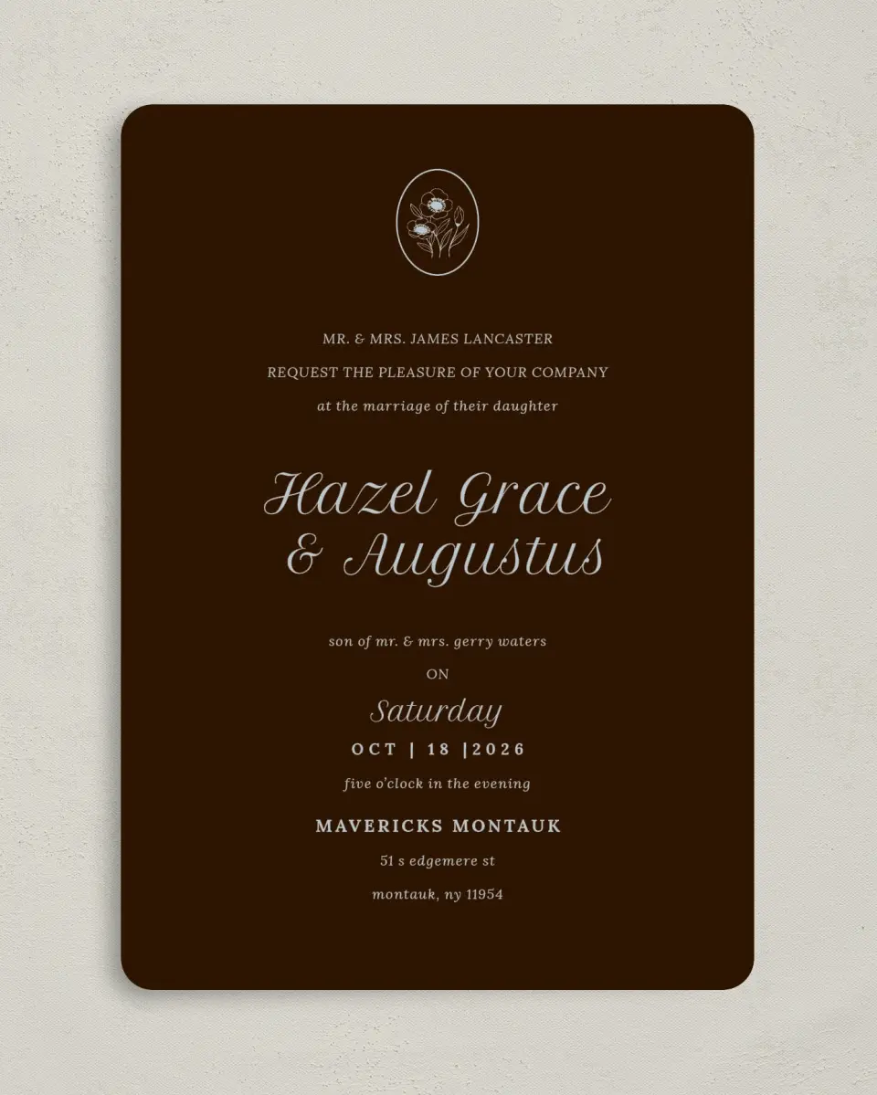 This is a 5" x 7" Rounded Wedding Invitation called Montauk printed in full color on Premium Smooth paper