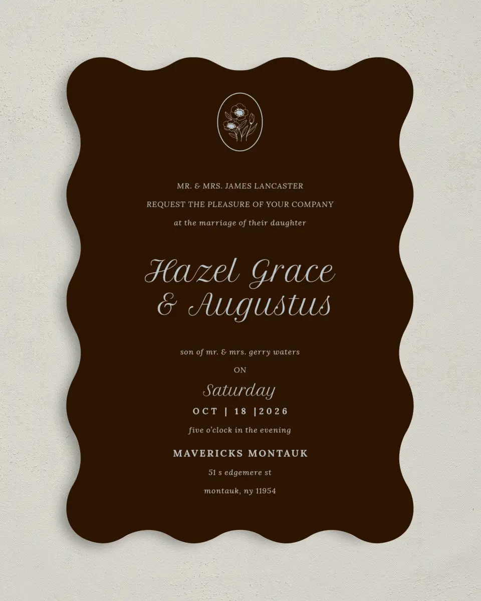 This is a 5" x 7" Wavy Wedding Invitation called Montauk printed in full color on Premium Smooth paper