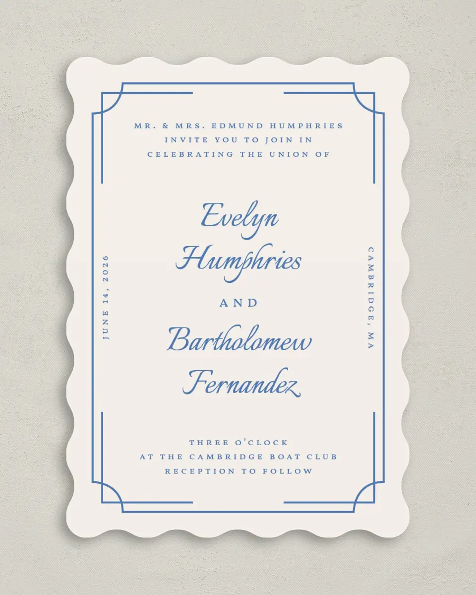 This is a 5" x 7" Wavy Wedding Invitation called Cambridge printed in full color on Premium Smooth paper