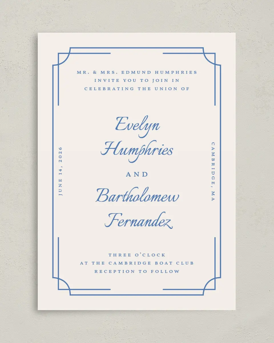 This is a 5" x 7" Classic Wedding Invitation called Cambridge printed in full color on Premium Smooth paper