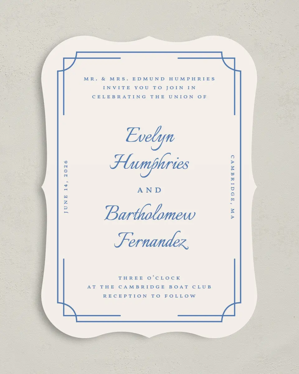 This is a 5" x 7" Bracket Wedding Invitation called Cambridge printed in full color on Premium Smooth paper