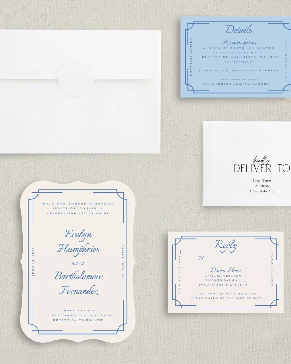 This is a 5" x 7" Bracket Wedding Invitation called Cambridge printed in full color with Silver foil on Luxe Satin (coated) paper
