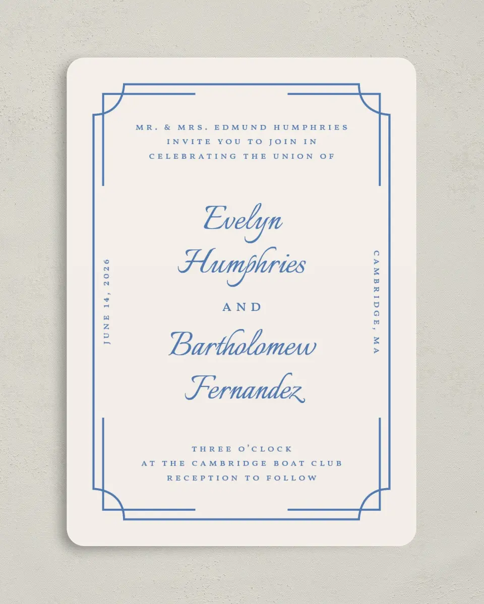 This is a 5" x 7" Rounded Wedding Invitation called Cambridge printed in full color on Premium Smooth paper