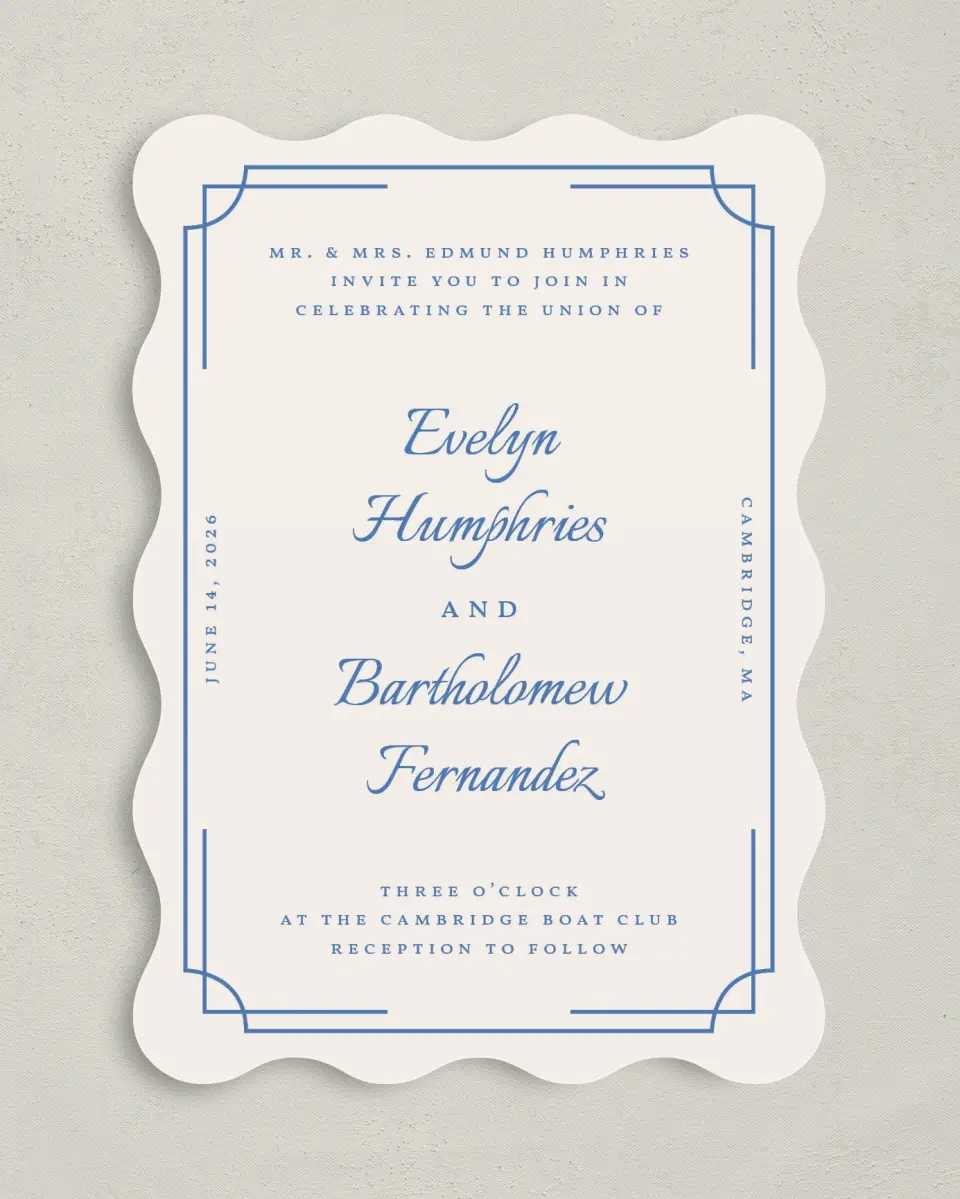 This is a 5" x 7" Wavy Wedding Invitation called Cambridge printed in full color with Silver foil on Luxe Satin (coated) paper