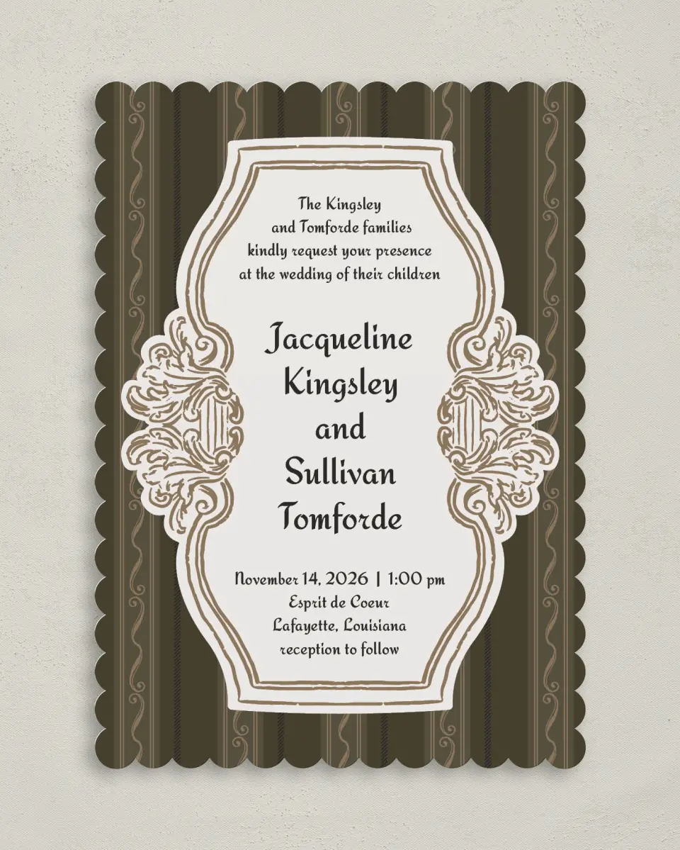 This is a 5" x 7" Classic Wedding Invitation called Lafayette printed in full color on Premium Smooth paper