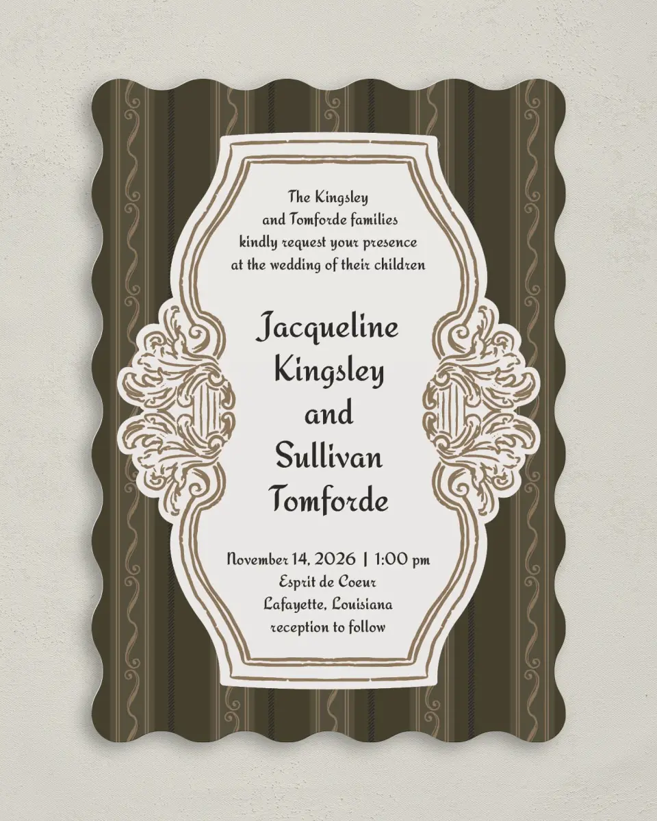 This is a 5" x 7" Wavy Wedding Invitation called Lafayette printed in full color on Premium Smooth paper
