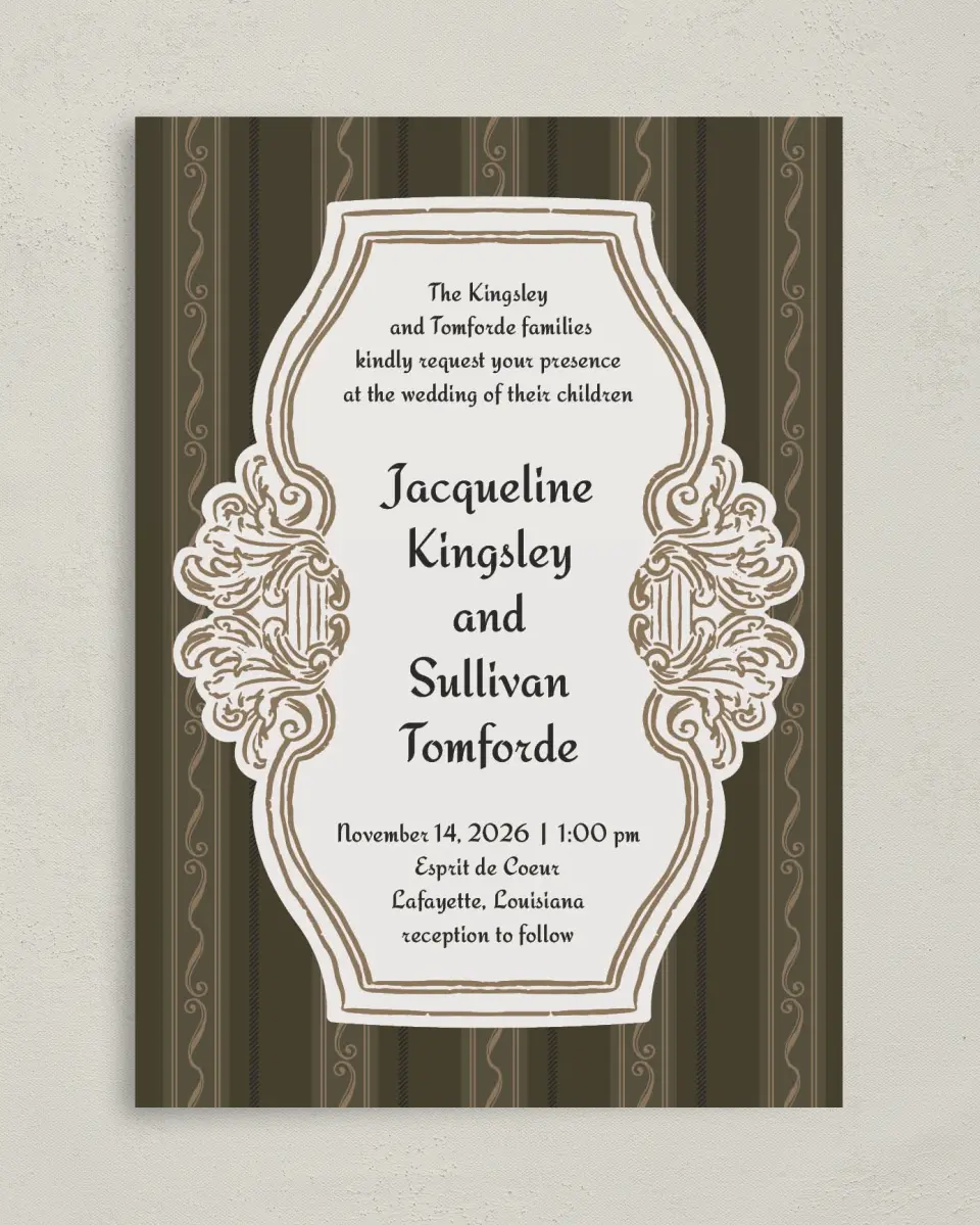 This is a 5" x 7" Classic Wedding Invitation called Lafayette printed in full color on Premium Smooth paper