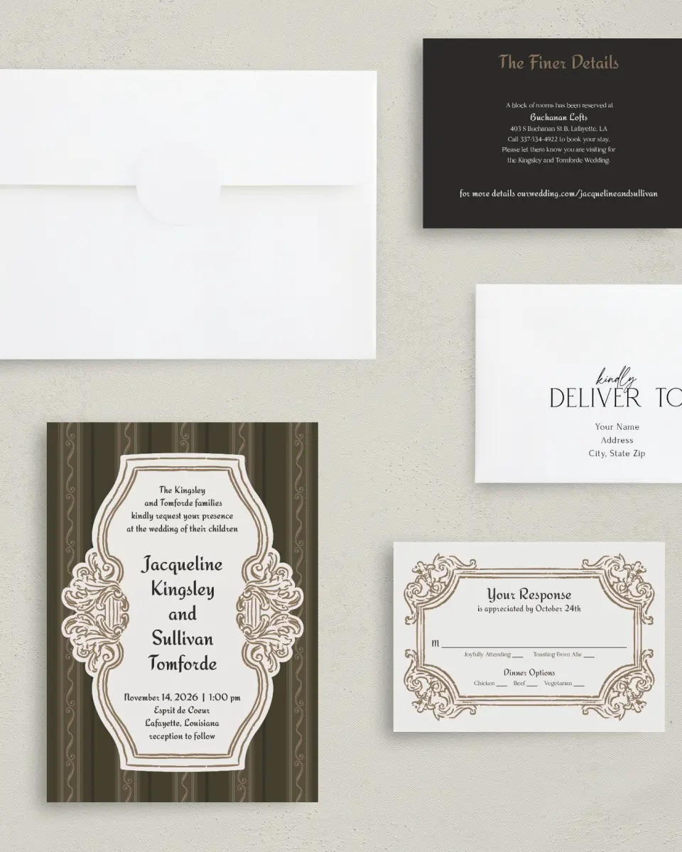 This is a 5" x 7" Classic Wedding Invitation called Lafayette printed in full color with Silver foil on Luxe Satin (coated) paper