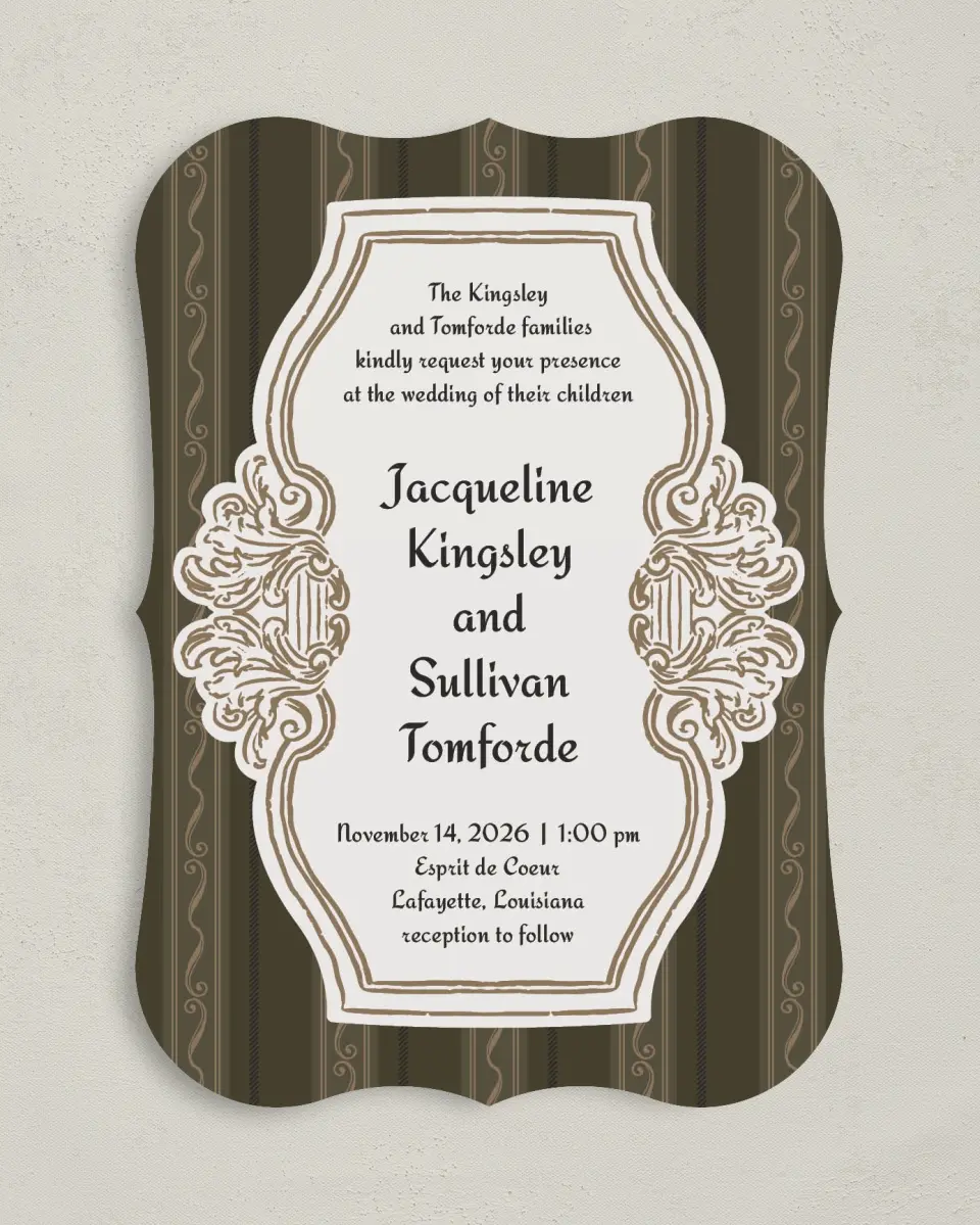 This is a 5" x 7" Bracket Wedding Invitation called Lafayette printed in full color on Premium Smooth paper