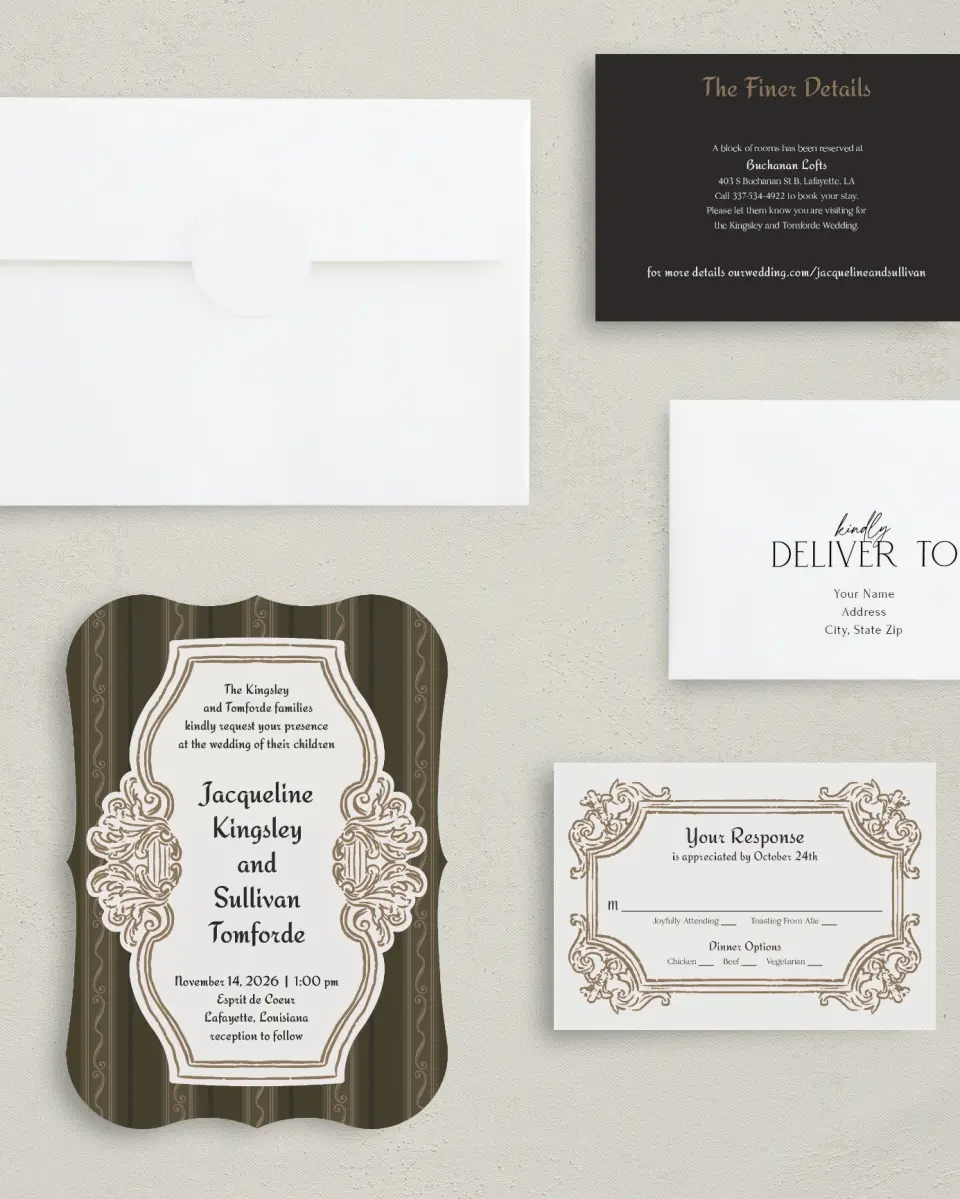 This is a 5" x 7" Bracket Wedding Invitation called Lafayette printed in full color with Silver foil on Luxe Satin (coated) paper