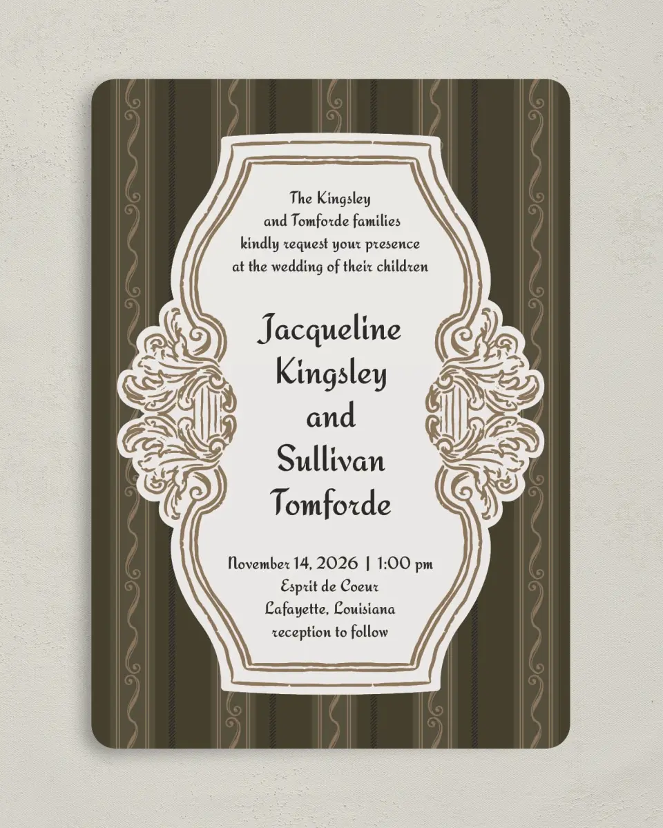 This is a 5" x 7" Rounded Wedding Invitation called Lafayette printed in full color on Premium Smooth paper