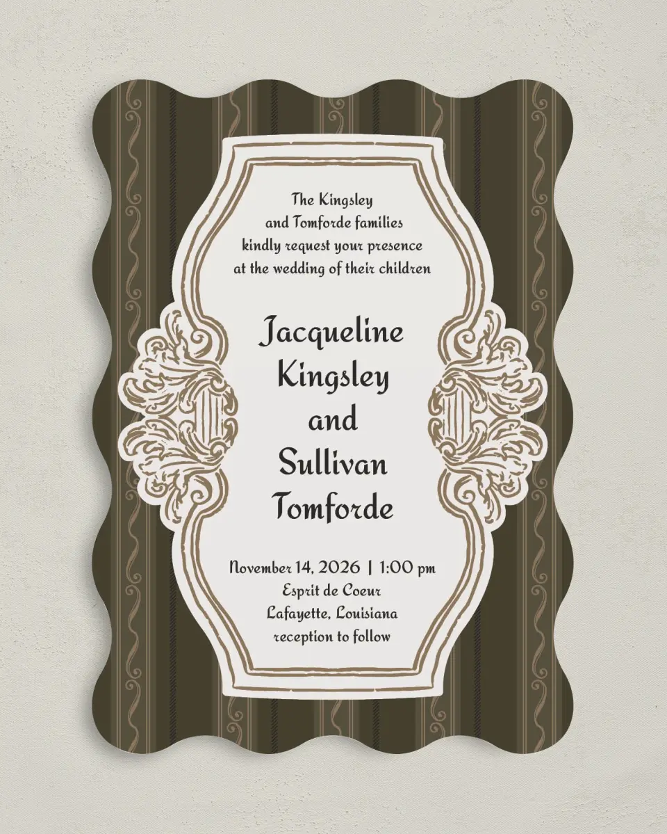 This is a 5" x 7" Wavy Wedding Invitation called Lafayette printed in full color on Premium Smooth paper