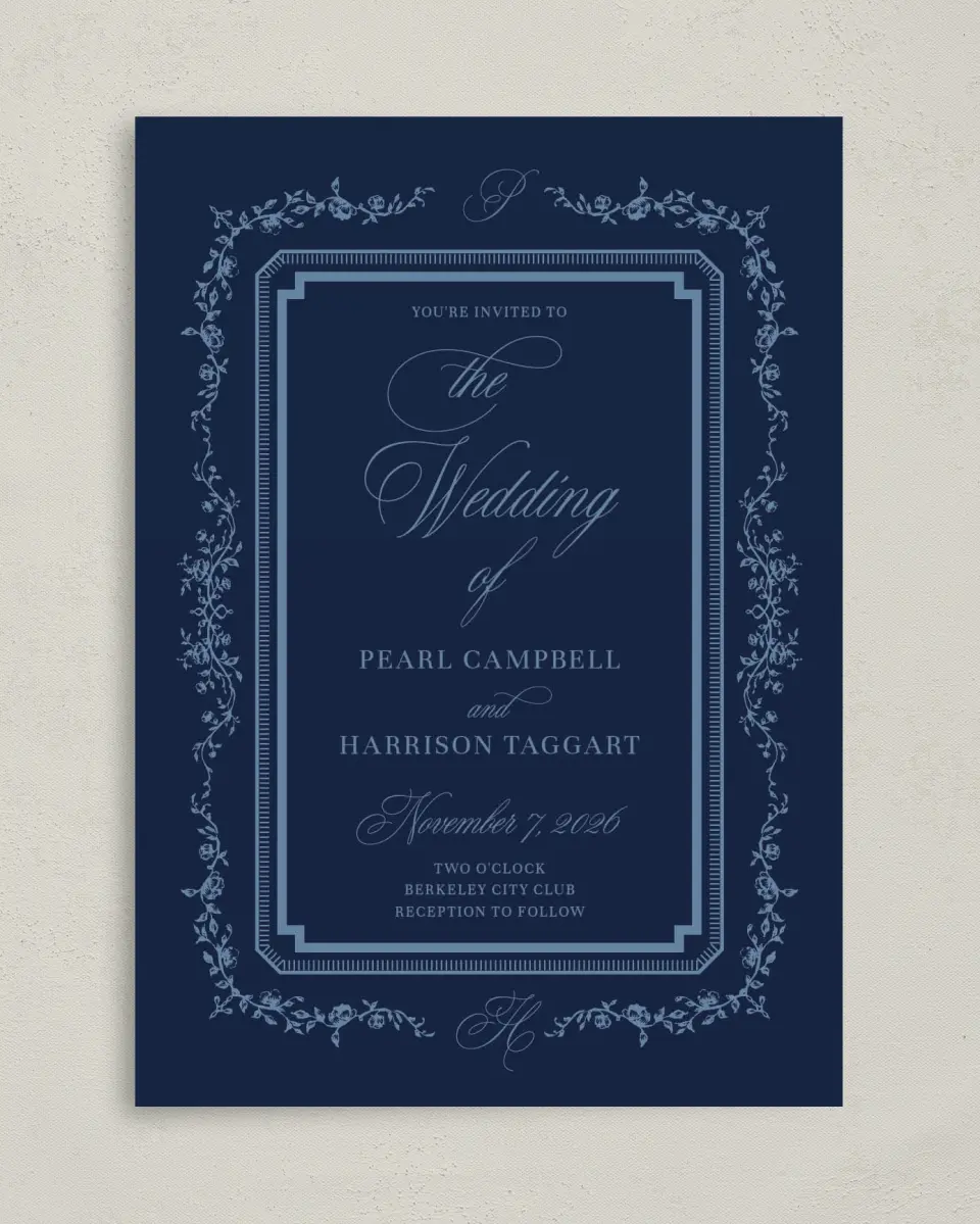This is a 5" x 7" Classic Wedding Invitation called Berkeley printed in full color on Premium Smooth paper